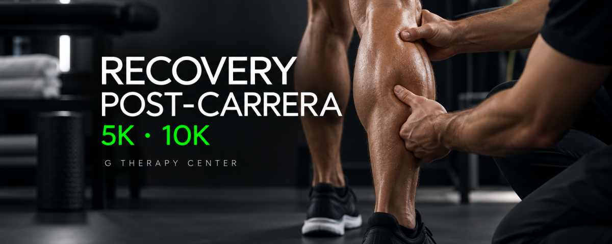 Masaje deportivo en la pantorrilla de un corredor para ilustrar la recuperación después de un 5K o 10K en G Therapy Center, Doral.