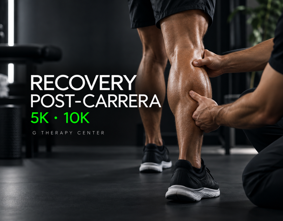 Masaje deportivo en la pantorrilla de un corredor para ilustrar la recuperación después de un 5K o 10K en G Therapy Center, Doral.